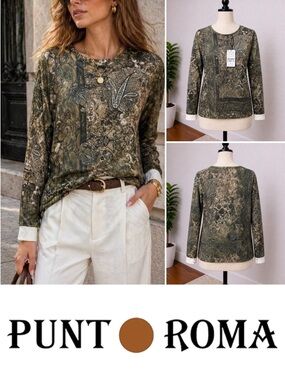 Punt Roma | NWT European Olive Green Paisley Printed Long-Sleeve Top (size M)